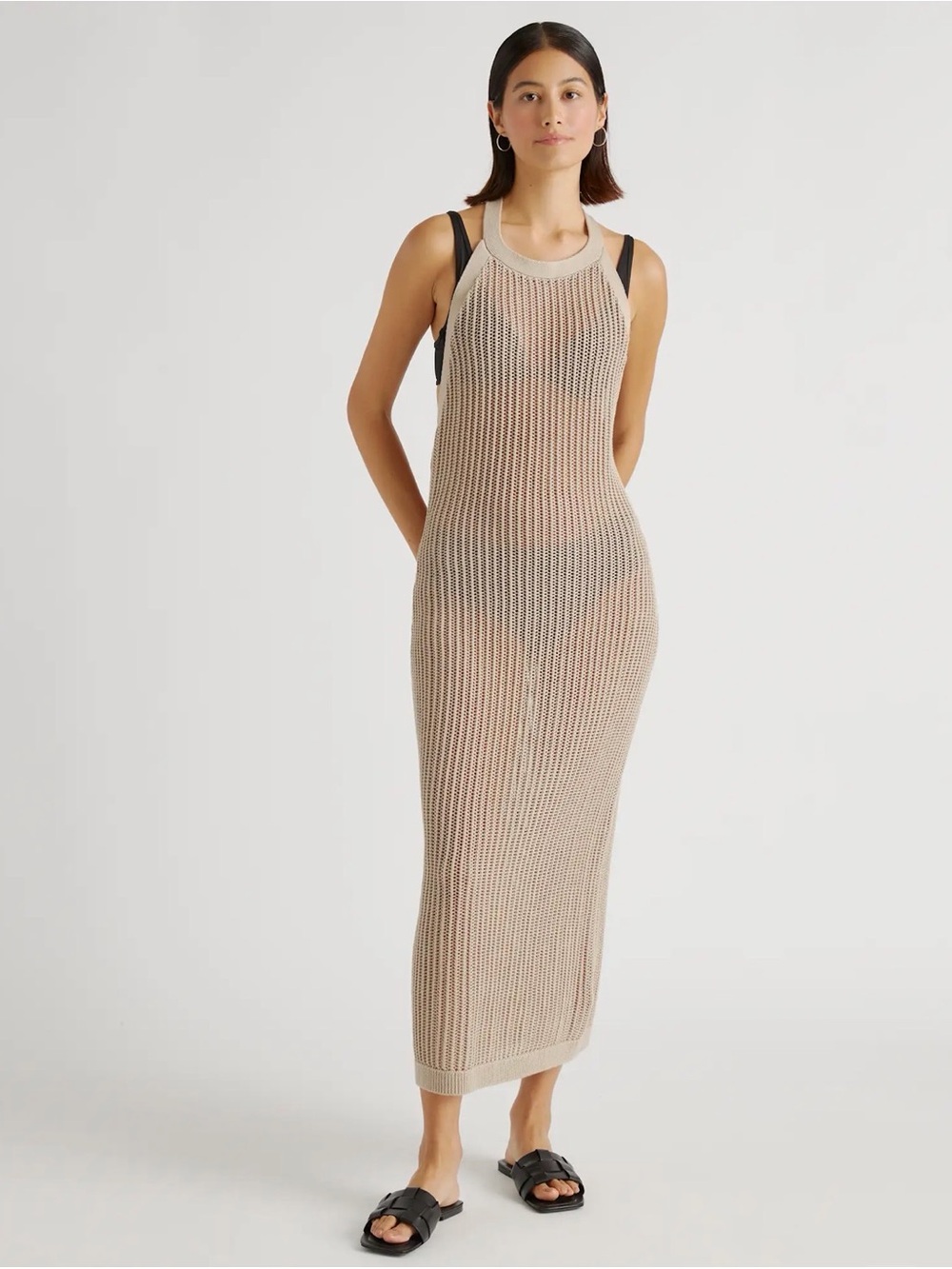 Quince Beige Organic Cotton Open-Knit Cover-Up Maxi Dress